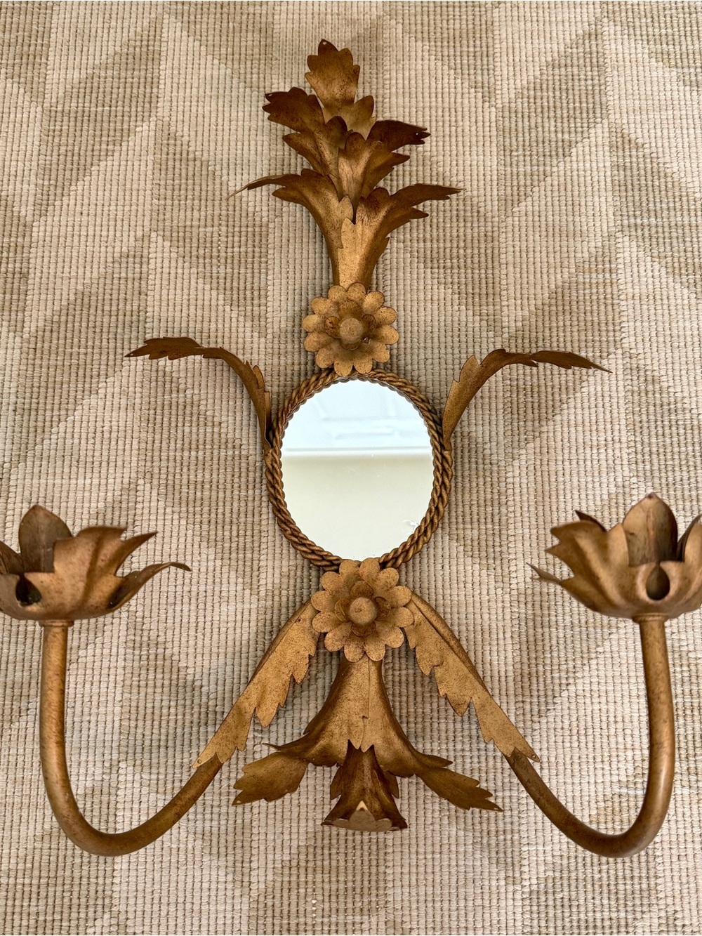 Hollywood Regency Florentine Gold Metal Tole Candle Wall Sconce